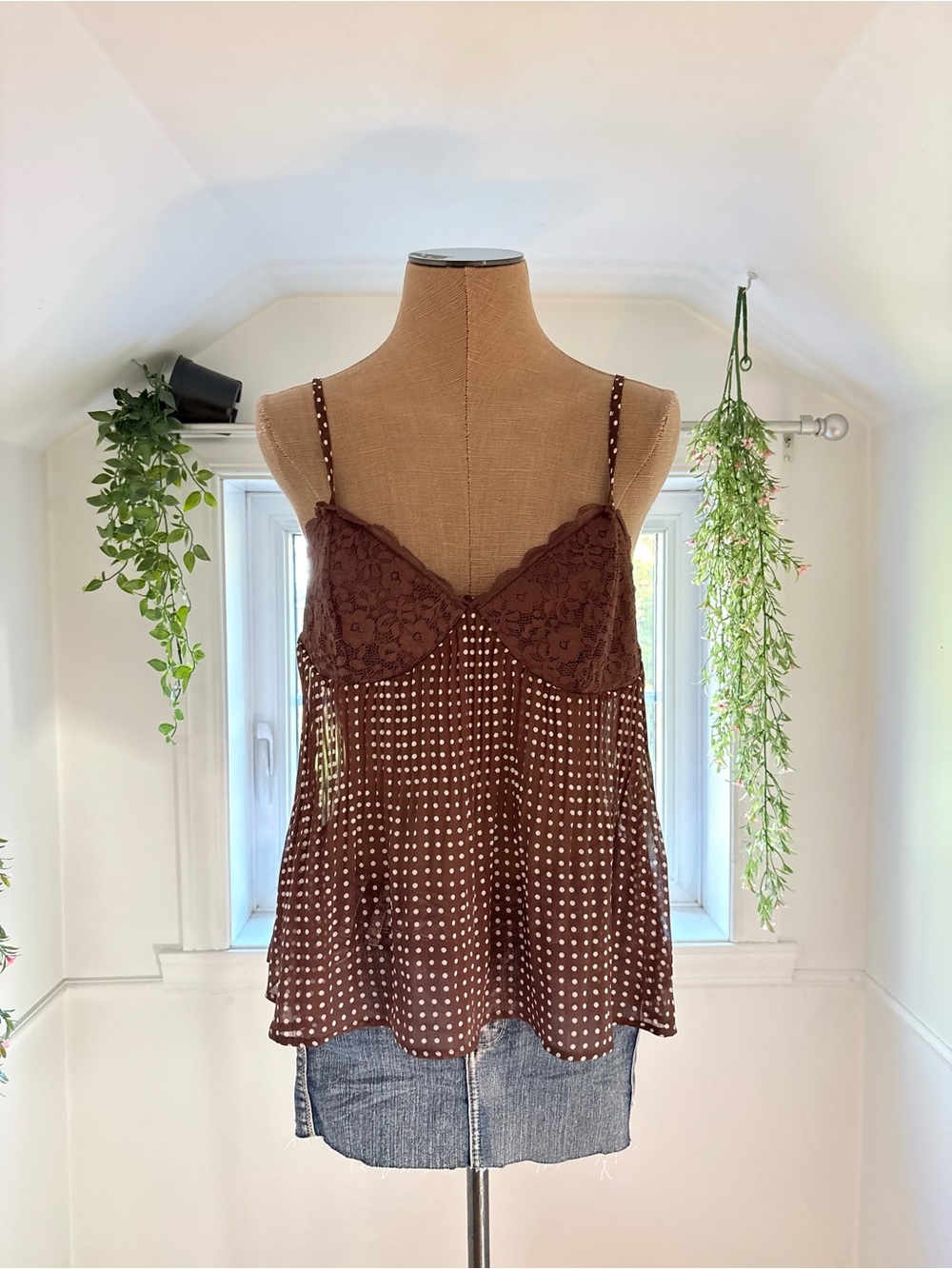 Brown Polka Dot Lace-Trim Cami Top